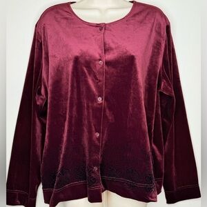 VTG Women’s Velvet Top Blouse L Red Black Button Down Embroidered Long Sleeves